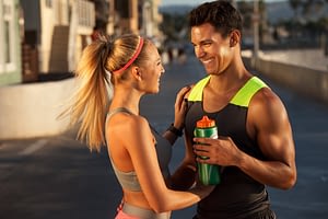 couple looking at each other wearing workout outfits